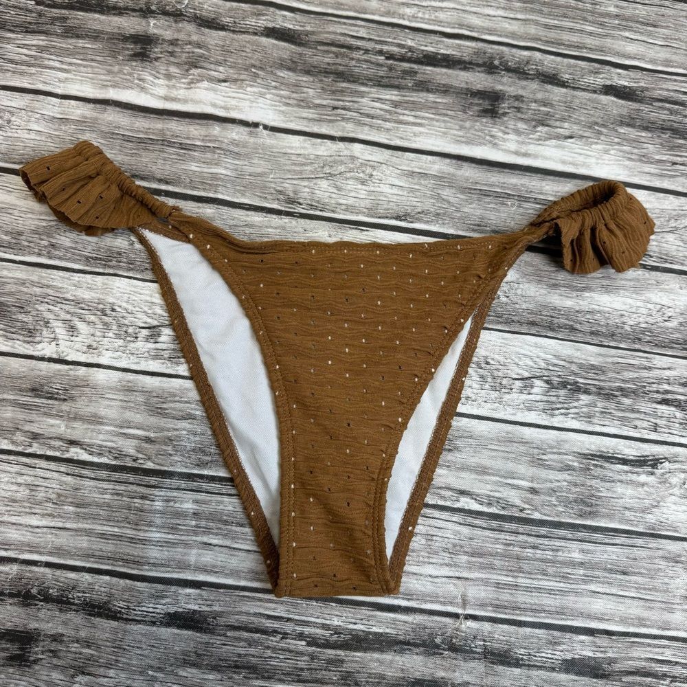 Women's Cognac Brown Cheeky Ruffle Bikini Bottoms L Textured NWOT